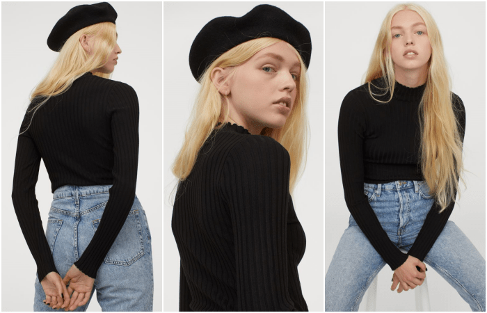 chica rubia usando un beret negro, top negro de manga larga y jeans a la cintura