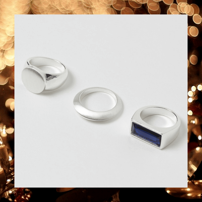 set de anillos plateados para hombre con piedra azul