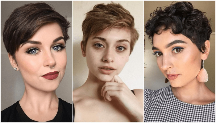chica rubia, de cabello castaño y cabello oscuro chino con corte super corto estilo pixie-cut