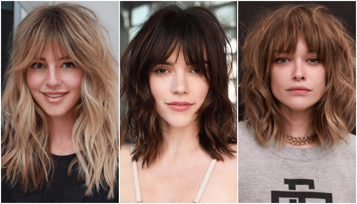 chica rubia, pelirroja y de cabello castaño usando corte estilo shag con mucho volumen y capas