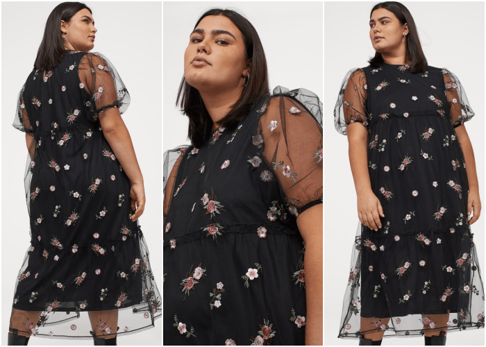 chica curvy morena usando un vestido negro con tela semitransparente y bordado de flores, botines negros de piel con tacón