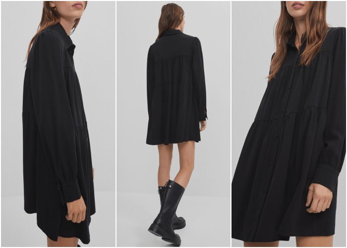 chica de cabello castaño usando un vestido negro de manga larga con botines negros de suela gruesa