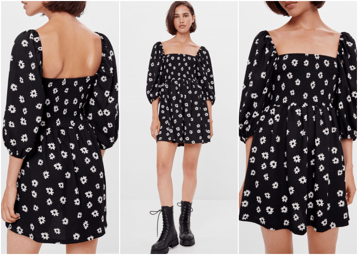 chica de cabello corto usando un vestido negro con manga 3/4 con flores blancas y escote cuadrado, y botines negros de plataforma
