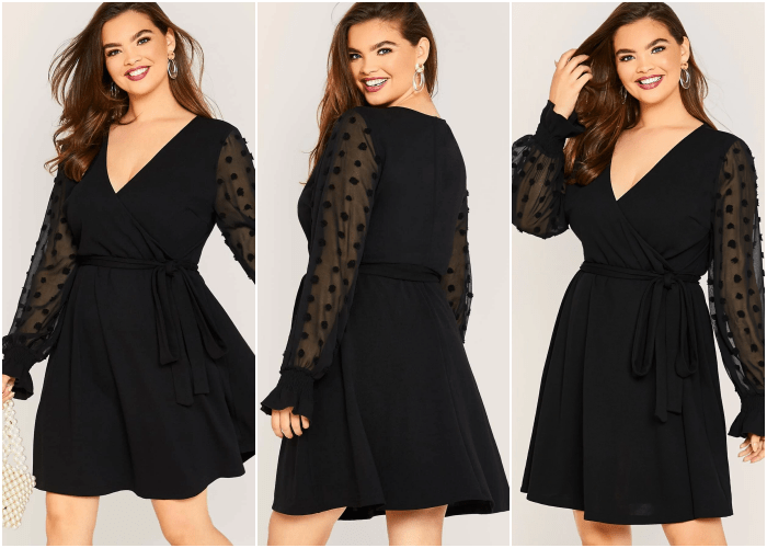 chica curvy de cabello castaño usando un vestido negro con mangas largas semitransparentes, ajustado en la cintura con escote en V