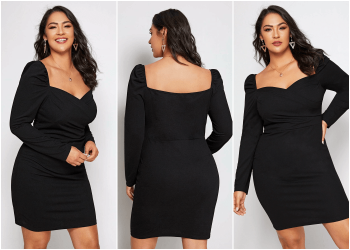 chica curvy de cabello castaño usando un vestido negro con manga larga, escote cuadrado