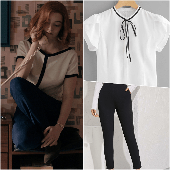 look de beth harmon con blusa blanca y vistas negras, pantalon negro recto y flats