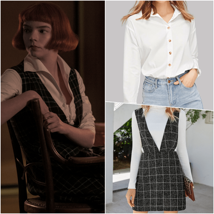recrea el look de beth harmon con vestido negro de cuadros y tirantes gruesos, y camisa de vestir blanca con cuello alto