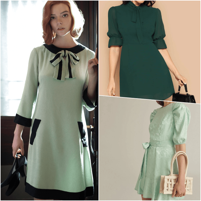 beth harmon usando un vestido verde menta con moño negro, dos vestido verdes, uno claro con mangas cortas