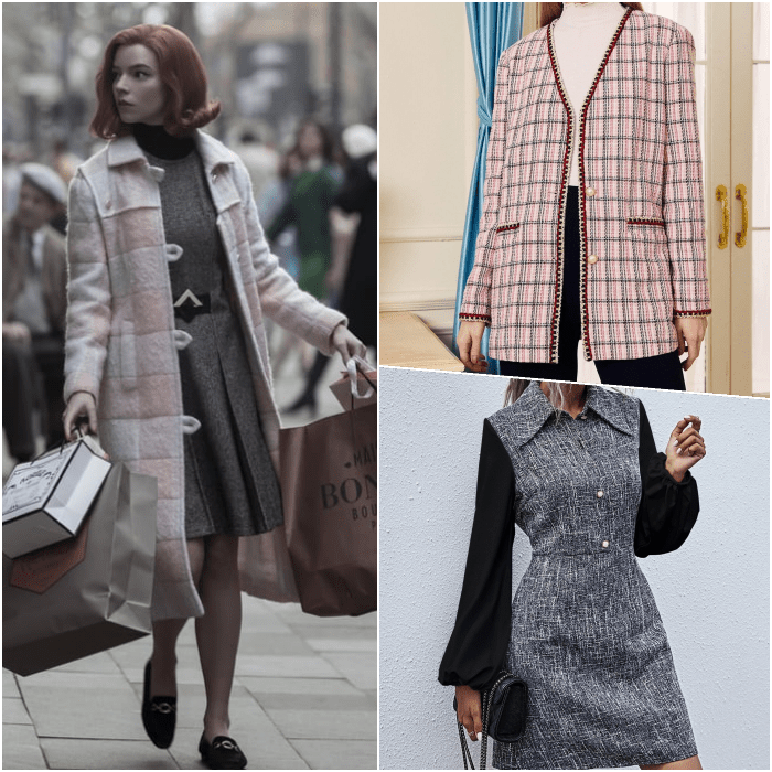 look de beth harmon con vestido gris ajustado, mangas negras abombadas, abrigo rosa de cuadros con blanco y zapatos negros