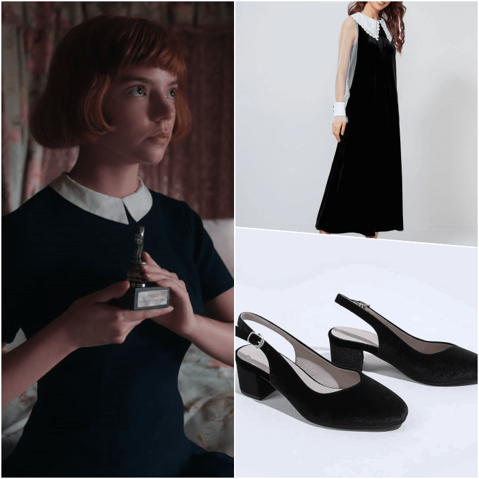 look de beth harmon con vestido negro con cuello blanco, mangas semitransparentes y zapatos de tacón negros
