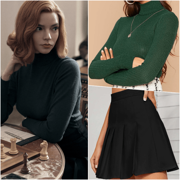 look de beth harmon con blusa verde de cuello alto y manga larga, falda negra a la cintura con tablones