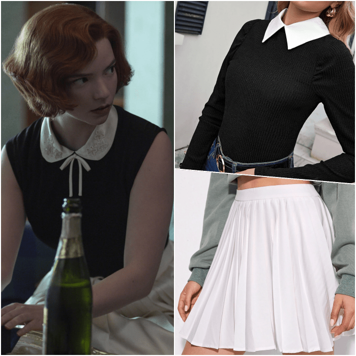 look de beth harmon usando un top negro con cuello blanco, manga larga, falda blanca con tablones