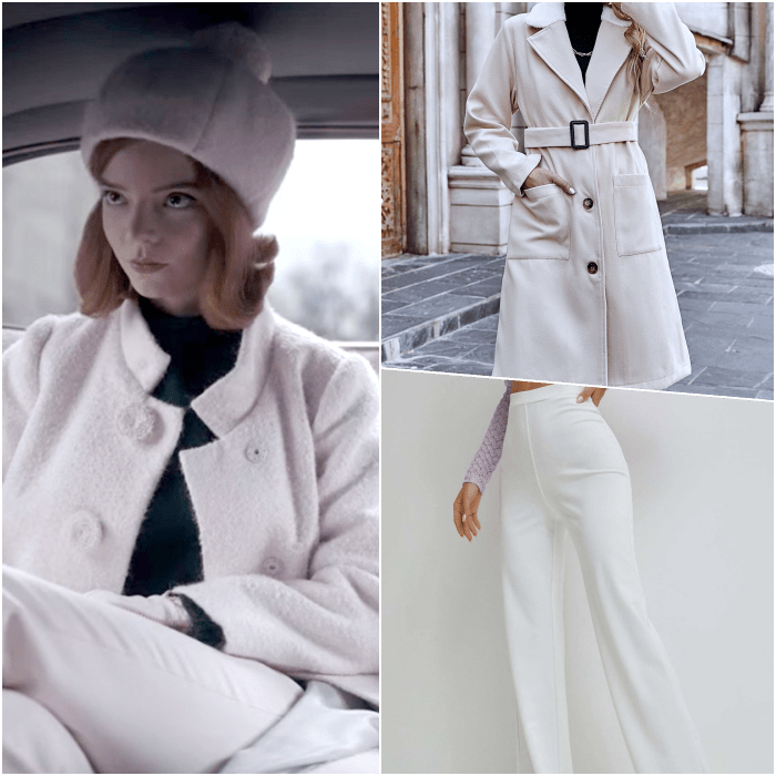 look de beth harmon con top negro, abrigo blanco afelpado, pantalones blancos de vestir y gorro blanco tejido