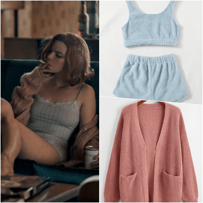 look de beth harmon con conjunto azul de top y shorts afelpados, cardigan tejido rosa con mangas largas holgadas