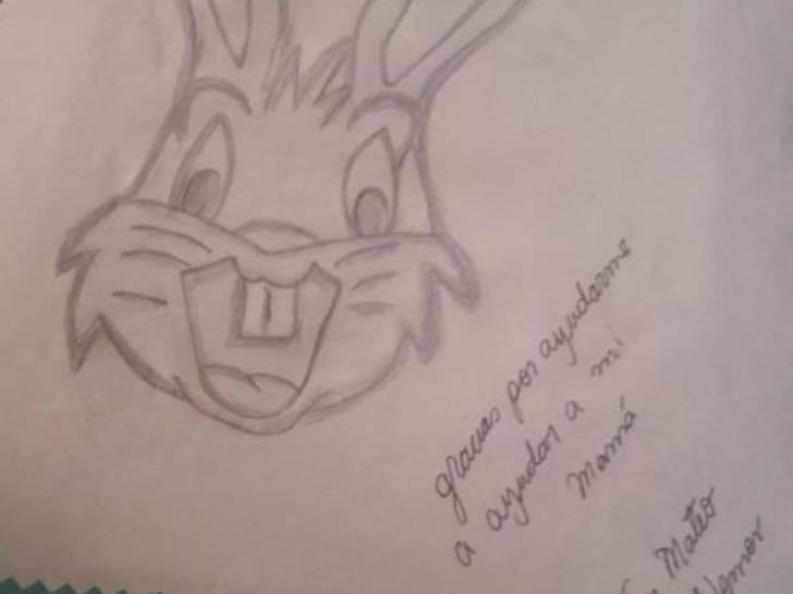 Dibujo de Mateo, donde aparece un conejo y una frase de agradecimiento