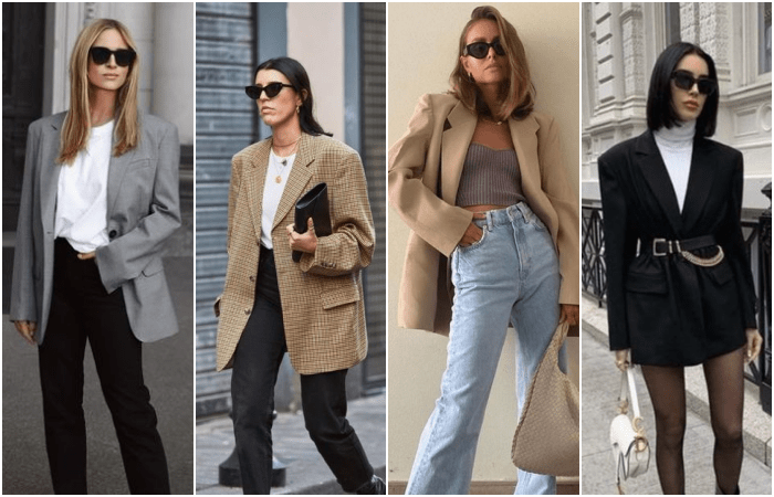 chicas de cabello castaño y rubio usando blazers oversized de color negro, beige y gris