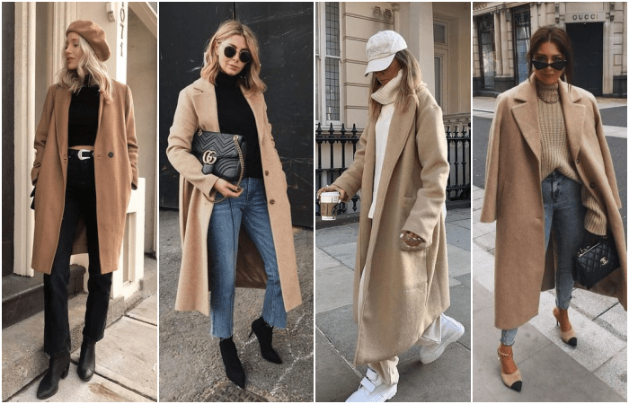 chicas rubias con abrigos beige largos con jeans negros y pantalones blancos y tenis y botines negros