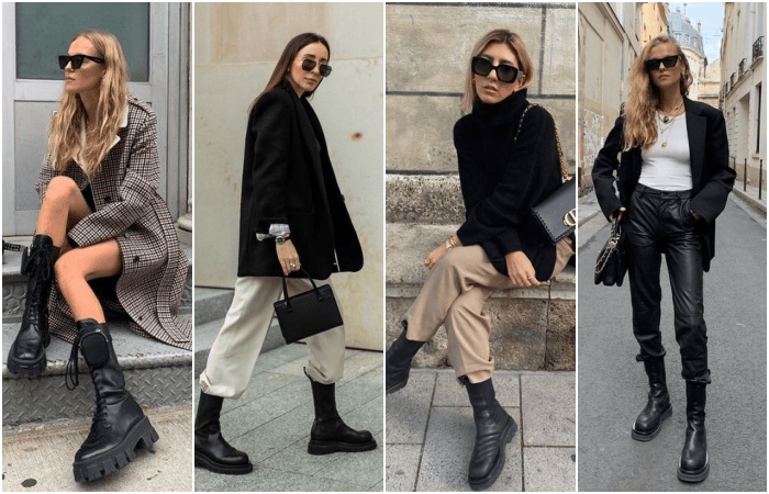 chicas rubias, de cabello castaño y negro usando botas de suela gruesa con plataforma, con pantalones de vestir, de cuero o minifaldas