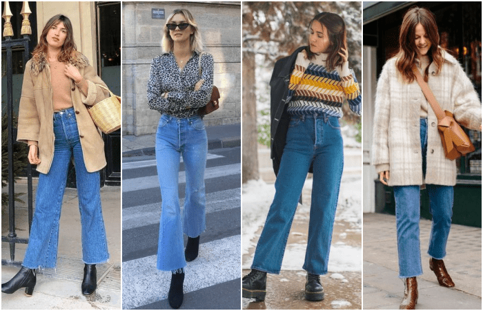 chicas de cabello castaño usando jeans amplios, acampanados con corte holgado y botines negros y rojos de suela gruesa con tacón