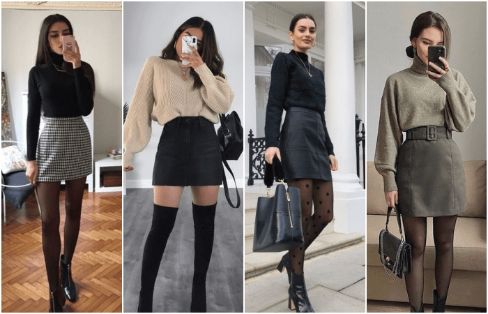 chicas de cabello castaño usando minifaldas con medias, botines y botas largas de cuero con suela gruesa
