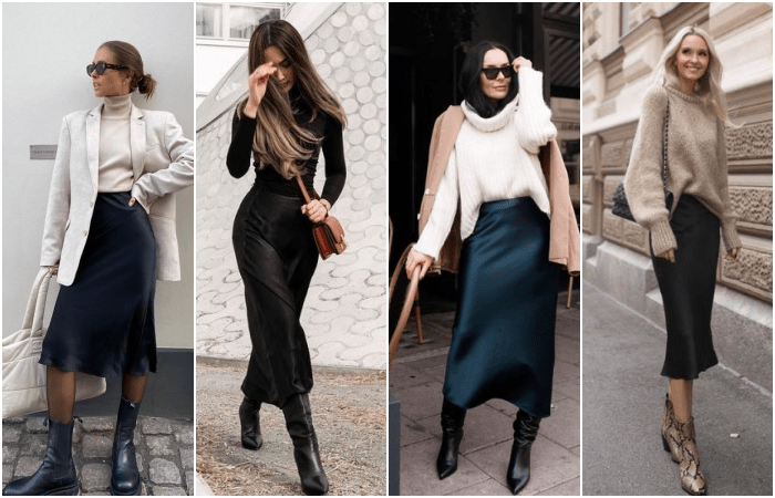 chicas de cabello castaño, rubio y negro usando faldas de satén de color negro, azul marino y turquesa con suéter oversized, top negro de cuello alto y blazers
