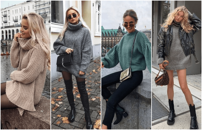 chicas de cabello rubio, castaño y oscuro usando suéteres oversized con medias, pantalones de vestir y medias semitransparentes
