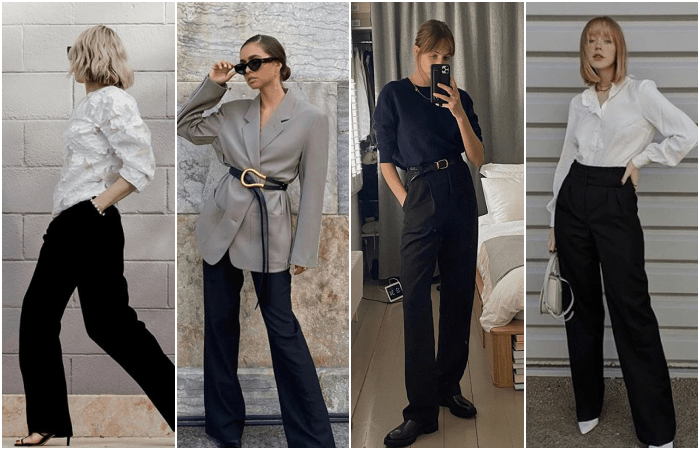 chicas de cabello rubio, castaño y oscuro usando pantalones de vestir negros con blusa blanca, top negro, camisa de vestir blanca y blazer oversized gris