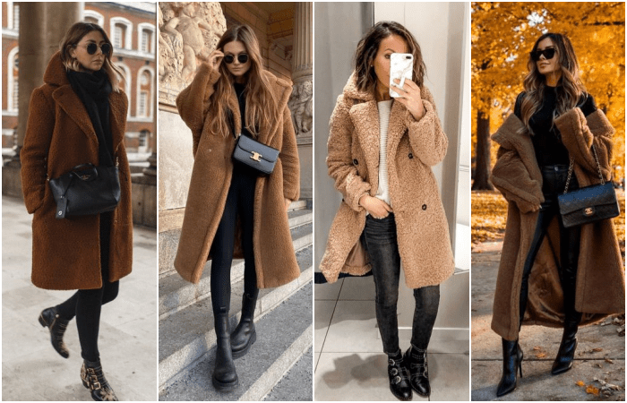 chicas de cabello castaño, rubio y negro con abrigos teddy color café y beige con skinny jeans de cuero negro y botines de plataforma negra
