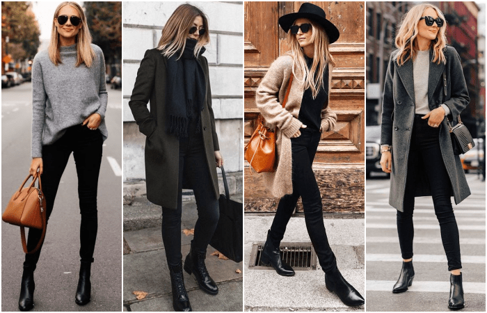 chicas de cabello rubio y castaño con suéteres negros, abrigos largos, botines y skinny jeans negros
