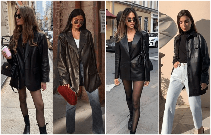 chicas de cabello castaño usando abrigos de cuero negro con medias, pantalones de mezclilla y botines