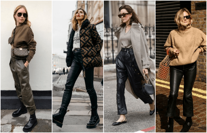 chicas de cabello castaño, rubio y oscuro usando pantalones de cuero color negro y verde militar con suéteres oversized y abrigos largos