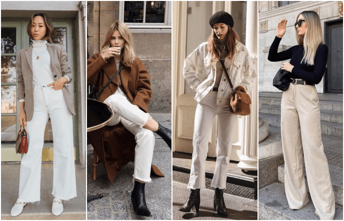 chicas de cabello rubio, castaño y negro usando pantalones de color beige con botines, tenis deportivos y abrigos color café y beige, top negro de cuello alto y bolsos de mano color café