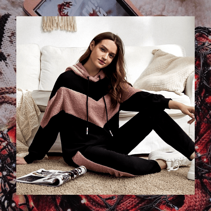 set de sudadera y pants color negro con vistas rosas, calientito para invierno de shein