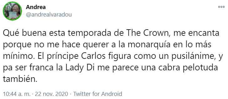 Comentario en Twitter sobre la cuarta temporada de 'The Crown'