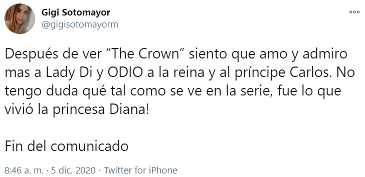 Comentario en Twitter sobre la cuarta temporada de 'The Crown'