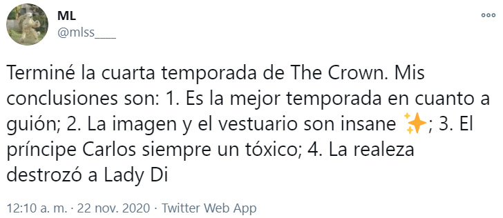 Comentario en Twitter sobre la cuarta temporada de 'The Crown'