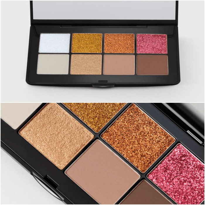 kit de sombras para los ojos en colores dorado, rosa, beige, café, blanco y cappuccino