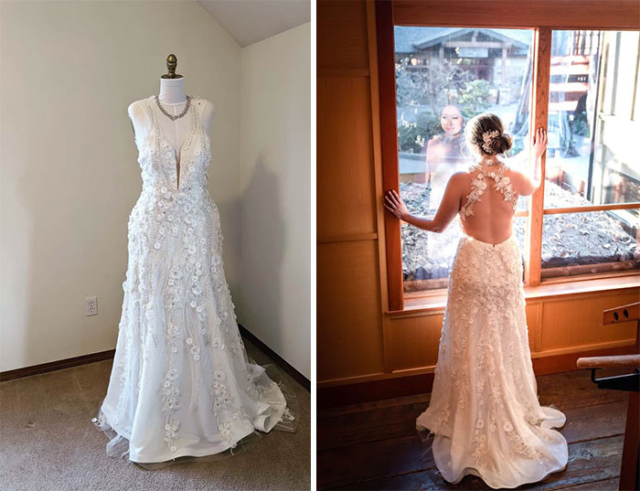 Novia mirando hacia afuera de una ventana de madera con un vestido pegado al cuerpo con detalles de flores y encaje desde el escote hasta la falda con una espalda descubierta con dos tirantes cruzados