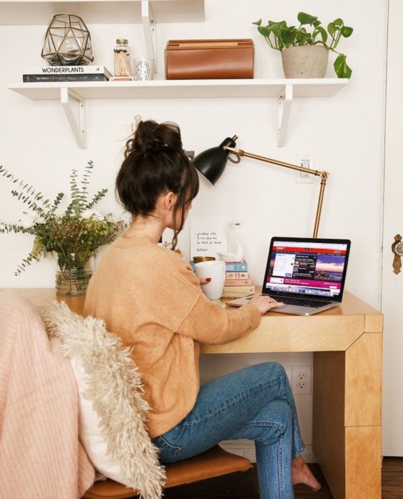 Chica trabajando en la computadora, el lugar tiene una maceta con planta