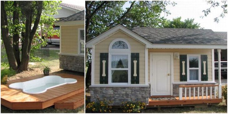 Casa para perros que tiene una mini piscina y aire acondicionado