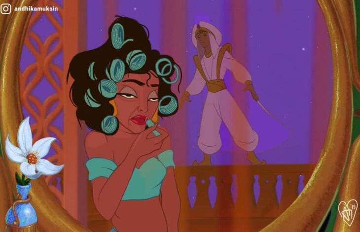 Artista Andhika Muksin ilustra personajes de Disney en contextos modernos; Aladdín y Jasmín preparándose para una cita con el príncipe