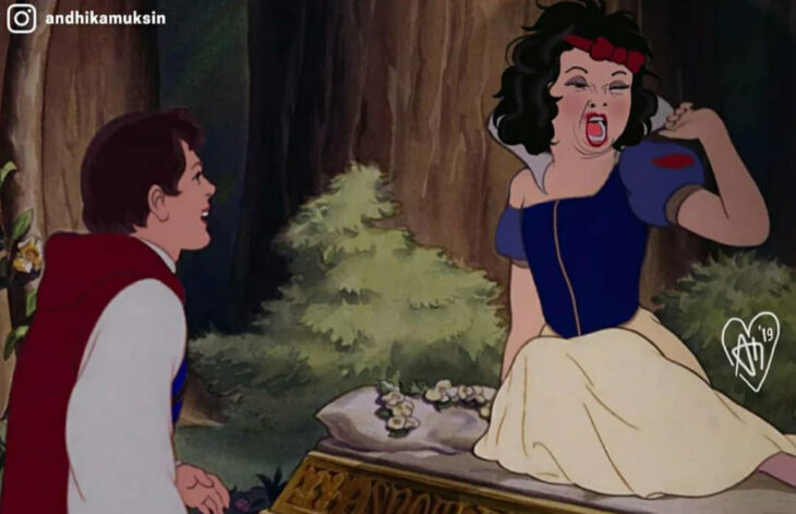 Artista Andhika Muksin ilustra personajes de Disney en contextos modernos; Blancanieves recién despertada, despeinada, príncipe Florian