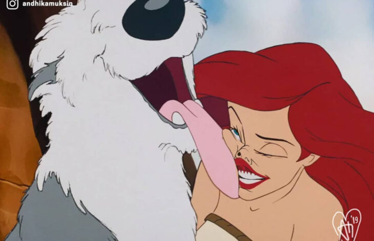Artista Andhika Muksin ilustra personajes de Disney en contextos modernos; La sirenita, Ariel con Max, un perro pastor inglés