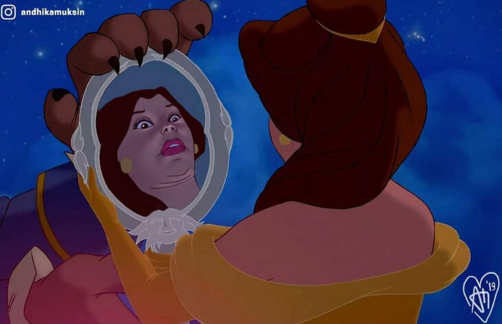 Artista Andhika Muksin ilustra personajes de Disney en contextos modernos; La bella y la bestia, Bella mirándose en el espejo con su vestido amarillo