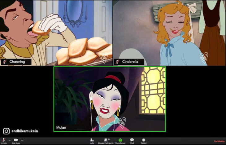 Artista Andhika Muksin ilustra personajes de Disney en contextos modernos; videollamada entre amigos, princesa Cenicienta, príncipe Enrique y Mulán