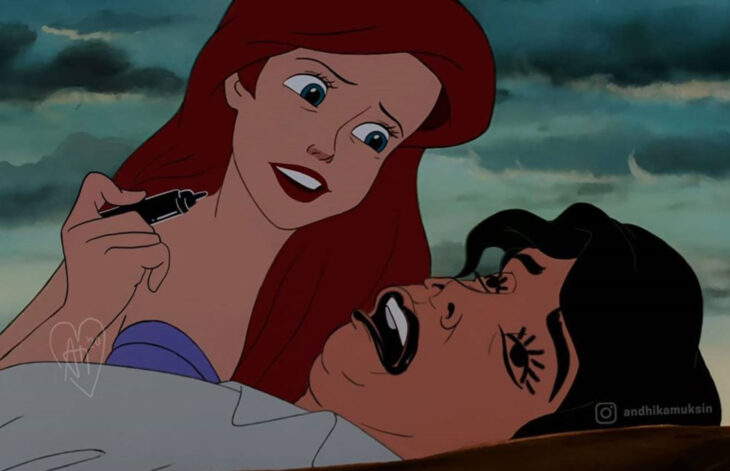 Artista Andhika Muksin ilustra personajes de Disney en contextos modernos; La Sirenita, con Erik desmayado en la playa, mientras Ariel graciosamente le dibuja en la cara