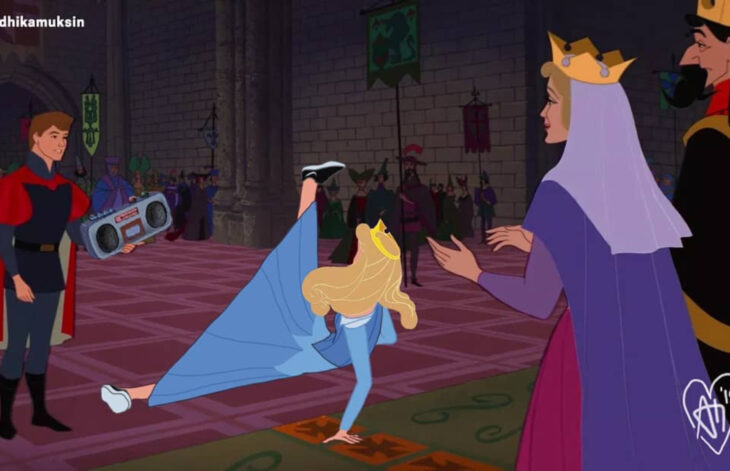 Artista Andhika Muksin ilustra personajes de Disney en contextos modernos; La bella durmiente y príncipe Felipe, junto a los reyes, bailando breakdance