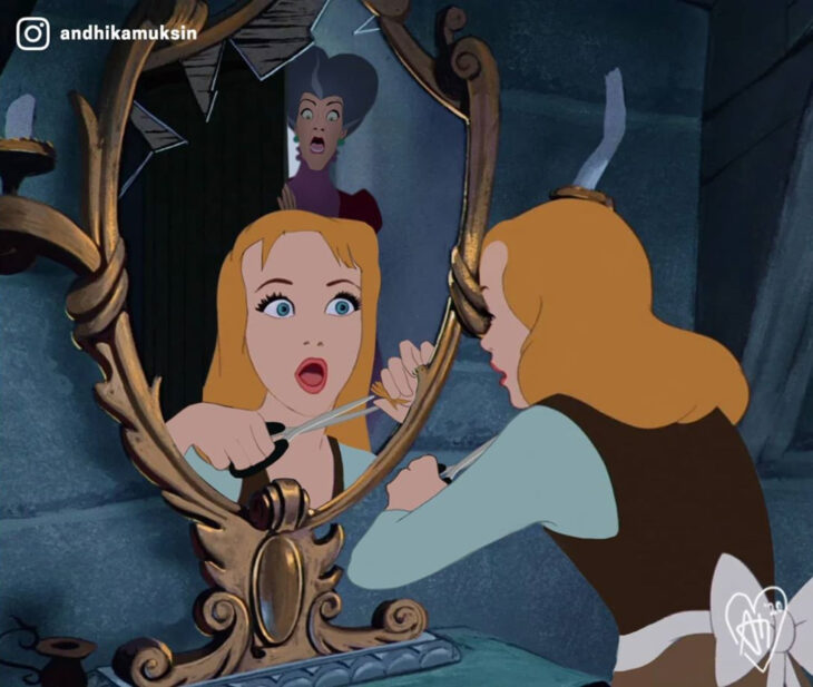 Artista Andhika Muksin ilustra personajes de Disney en contextos modernos; Cenicienta cortándose el cabello frente al espejo mientras la villana Lady Tremaine entra