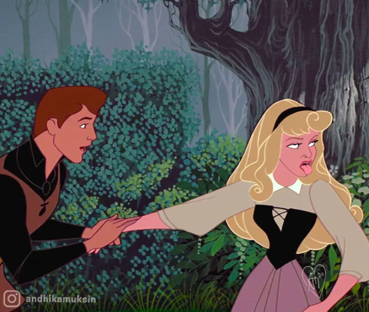 Artista Andhika Muksin ilustra personajes de Disney en contextos modernos; La bella durmiente, príncipe Felipe y princesa Aurora