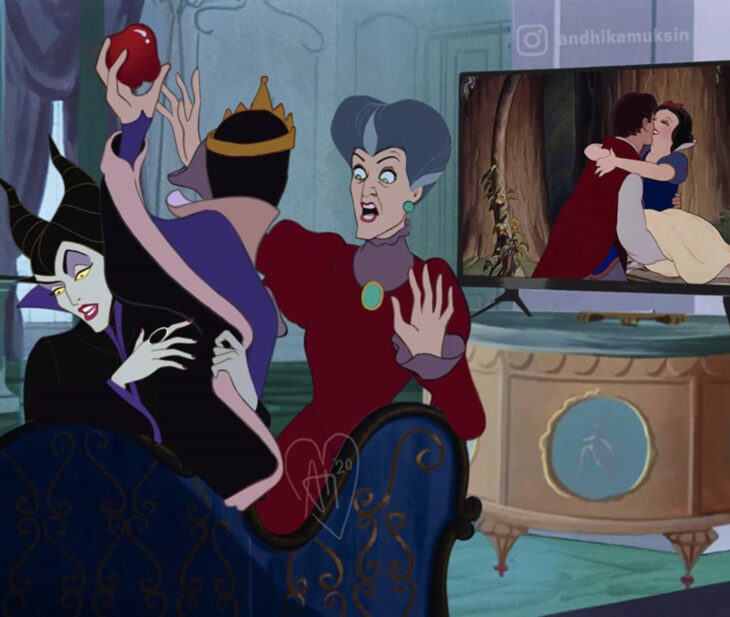 Artista Andhika Muksin ilustra personajes de Disney en contextos modernos; villanas y brujas viendo la película de Blancanieves en la televisión, Maléfica, reina Grimhilde y Lady Tremaine, Cenicienta y la Bella durmiente